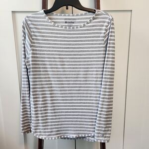 Coolibar Heyday Side Split Gray & White Striped Long Sleeve Shirt Medium UPF50